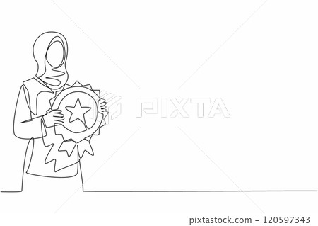 Continuous one line drawing Arabian woman holding medal emblem. Breaking stereotypes in a traditionally male-dominated field. Employee Appreciation Day. Single line draw design vector illustration 120597343