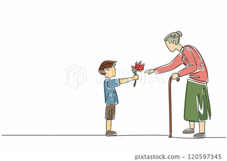 Continuous one line drawing a boy presents a flower to a smiling grandmother. Heartwarming. Full with love and appreciation. Random Acts of Kindness Day. Single line draw design vector illustration 120597345