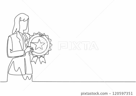 Single one line drawing woman in blazer hold medal emblem. The potential of women in leadership roles. Achievement. Empowerment. Employee Appreciation Day. Continuous line design graphic illustration 120597351