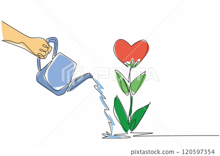 Single continuous line drawing a hand holding a watering can pours water onto a heart-shaped flower. Nurturing of love and compassion. Random Acts of Kindness Day. One line design vector illustration Single continuous line drawing a hand holding a watering can pours water onto a heart-shaped flower. Nurturing of love and compassion. Random Acts of Kindness Day. One line design vector illustration 120597354