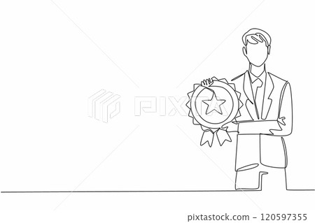 Continuous one line drawing man in blazer and tie holding medal emblem. Very successful. Very prestigious career level. Award. Employee Appreciation Day. Single line draw design vector illustration Continuous one line drawing man in blazer and tie holding medal emblem. Very successful. Very prestigious career level. Award. Employee Appreciation Day. Single line draw design vector illustration 120597355