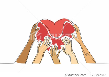 Single continuous line drawing the five hands holding a heart shape together. Demonstrating the power of togetherness. Unity and love. Random Acts of Kindness Day. One line design vector illustration Single continuous line drawing the five hands holding a heart shape together. Demonstrating the power of togetherness. Unity and love. Random Acts of Kindness Day. One line design vector illustration 120597366