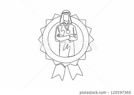Continuous one line drawing Arabian man crossed arm on chest while medal around neck. Emphasizing the hard work behind success. Employee Appreciation Day. Single line draw design vector illustration 120597368