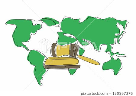 Continuous one line drawing gavel and stand with world map background. The importance of upholding legal principles worldwide. World Day of Social Justice. Single line draw design vector illustration 120597376