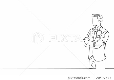 Single one line drawing man in suit and tie  stands with arms crossed. Valid proof of glory. Prestige award. Achievement. Winner. Employee Appreciation Day. Continuous line design graphic illustration 120597377