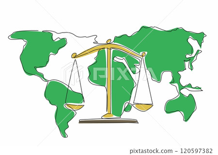 Single one line drawing scales on world map background. Justice and impartiality. Importance of global cooperation. Balance. World Day of Social Justice. Continuous line design graphic illustration 120597382