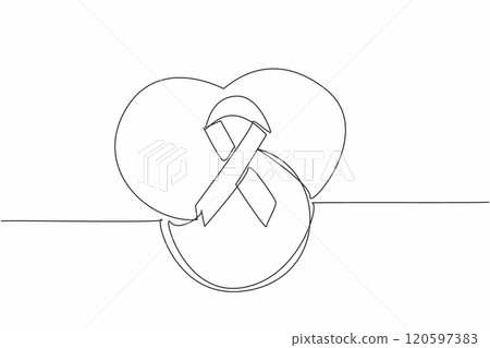 Single one line drawing a global symbol, composed of three colors, with a ribbon intertwined. Pay more attention to rare diseases. Care. Rare Disease Day. Continuous line design graphic illustration 120597383