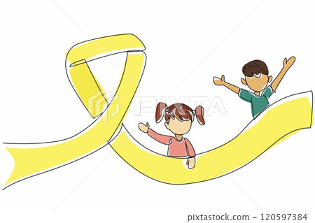 Single continuous line drawing two children sliding down a ribbon campaign-shaped slide. Sense of joy and freedom. Optimistic. International Childhood Cancer Day. One line design vector illustration 120597384