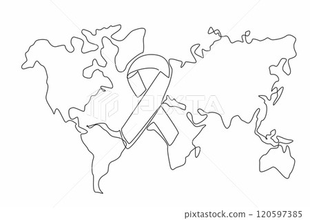 Single continuous line drawing large campaign ribbon on world map background. Awareness and support for various causes. Support for individuals. Rare Disease Day. One line design vector illustration 120597385