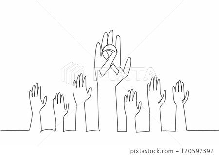 Single continuous line drawing seven hands of various sizes raised. One of them has a ribbon campaign. Collective commitment to raising awareness. Rare Disease Day. One line design vector illustration 120597392