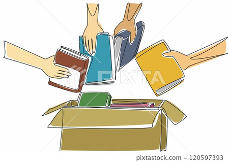 Single one line drawing four hands holding the books and will put them in a box. Competing to hand over books. Good deeds. International Book Giving Day. Continuous line design graphic illustration 120597393