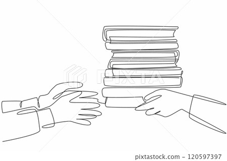 Single one line drawing two hands, one passing a stack of books to other. Transfer of knowledge. Symbolic gesture of sharing. International Book Giving Day. Continuous line design graphic illustration 120597397