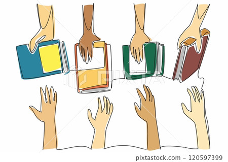 Single continuous line drawing multiple hands holding books. Shared learning experience. Expanding thinking horizons. Discussion. International Book Giving Day. One line design vector illustration 120597399