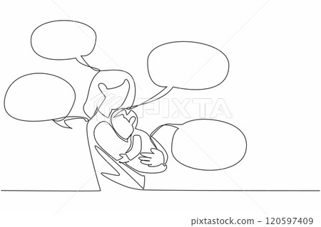 Single one line drawing the mother holding child and all around are callouts. The constant communication. Nurturing. International Mother Language Day. Continuous line design graphic illustration 120597409