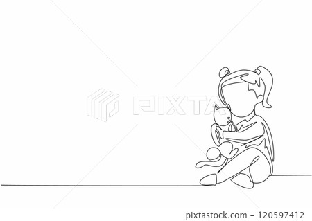 Single continuous line drawing a little girl gently cradles her fluffy cat. The girl's smile suggests a deep bond between the two. Care. National Love Your Pet Day. One line design vector illustration 120597412