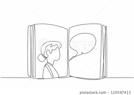 Continuous one line drawing an open book with a woman's face on one page. Connection between the reader and the author. International Mother Language Day. Single line draw design vector illustration 120597413