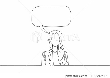 Single continuous line drawing callout above adult woman. Internal monologue of a character. Thought. Feeling. Contemplation. International Mother Language Day. One line design vector illustration 120597416