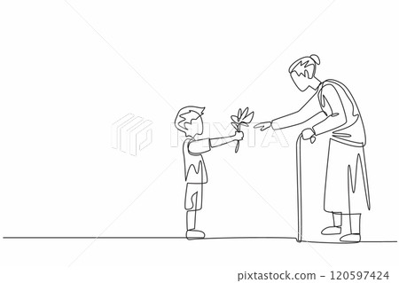 Continuous one line drawing a boy presents a flower to a smiling grandmother. Heartwarming. Full with love and appreciation. Random Acts of Kindness Day. Single line draw design vector illustration 120597424