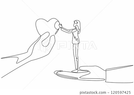 Single one line drawing a woman stands on big palm taking big heart shape. Small acts of kindness can have a profound impact. Random Acts of Kindness Day. Continuous line design graphic illustration 120597425