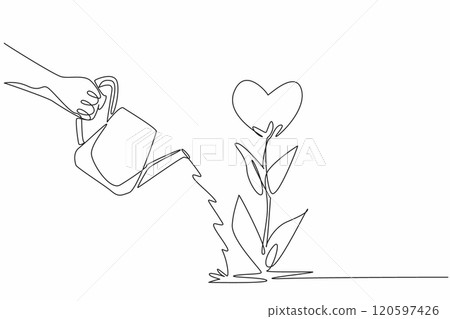 Single continuous line drawing a hand holding a watering can pours water onto a heart-shaped flower. Nurturing of love and compassion. Random Acts of Kindness Day. One line design vector illustration 120597426