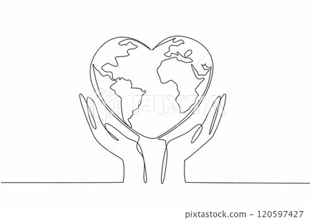 Continuous one line drawing two hands cradle heart-shaped earth. Humanity's responsibility to care for and protect our planet. Random Acts of Kindness Day. Single line draw design vector illustration 120597427