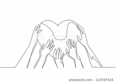 Single continuous line drawing the five hands holding a heart shape together. Demonstrating the power of togetherness. Unity and love. Random Acts of Kindness Day. One line design vector illustration Single continuous line drawing the five hands holding a heart shape together. Demonstrating the power of togetherness. Unity and love. Random Acts of Kindness Day. One line design vector illustration 120597428