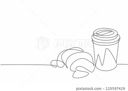 Single one line drawing croissant with paper cup filled with hot sweet tea. Skipped breakfast. Woke up late. Brought to the office. National Croissant Day. Continuous line design graphic illustration Single one line drawing croissant with paper cup filled with hot sweet tea. Skipped breakfast. Woke up late. Brought to the office. National Croissant Day. Continuous line design graphic illustration 120597429