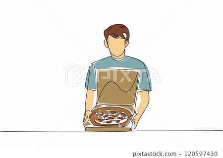Continuous one line drawing a young man opening a box of pizza. Preparation and enjoyment of food. Fiest culinary events. Delicious. National Pizza Day. Single line draw design vector illustration 120597430