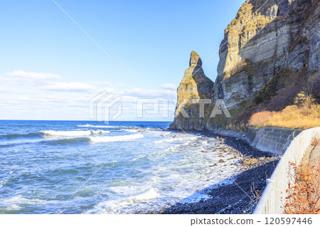 The coastline with Setakamui Rocks, a spectacular view of Furubira Town, Hokkaido 120597446