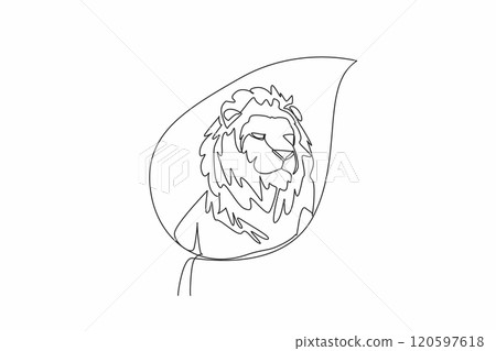 Single one line drawing lion head in the middle of the leaf. A ferocious beast with fangs. Top of the food chain. Hunting for survival. World Wildlife Day. Continuous line design graphic illustration Single one line drawing lion head in the middle of the leaf. A ferocious beast with fangs. Top of the food chain. Hunting for survival. World Wildlife Day. Continuous line design graphic illustration 120597618