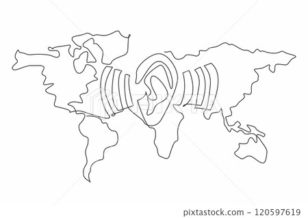 Single continuous line drawing ears amidst the sound waves of the world map background. Global communication. Connecting all people in the world. World Hearing Day. One line design vector illustration 120597619