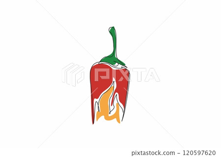 Single continuous line drawing shape of a chili pepper with flames emerging from its base. The chili pepper associated with spice and passion. National Chili Day. One line design vector illustration 120597620
