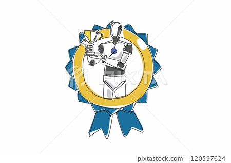 Single continuous line drawing robot raise the trophy. The dawn of a new era of technological advancement. Artificial intelligence tech. Employee Appreciation Day. One line design vector illustration Single continuous line drawing robot raise the trophy. The dawn of a new era of technological advancement. Artificial intelligence tech. Employee Appreciation Day. One line design vector illustration 120597624