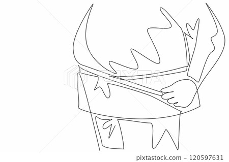 Single one line drawing obese stomach wrapped in measuring tape. Fat man in action. Strict diet for an ideal body. Try the best. Fatness. World Obesity Day. Continuous line design graphic illustration Single one line drawing obese stomach wrapped in measuring tape. Fat man in action. Strict diet for an ideal body. Try the best. Fatness. World Obesity Day. Continuous line design graphic illustration 120597631