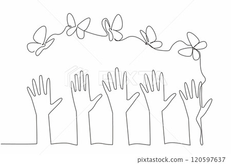 Single one line drawing five hands raised up with some butterflies flying above them. Embrace our differences. A symphony of unity. Zero Discrimination Day. Continuous line design graphic illustration 120597637