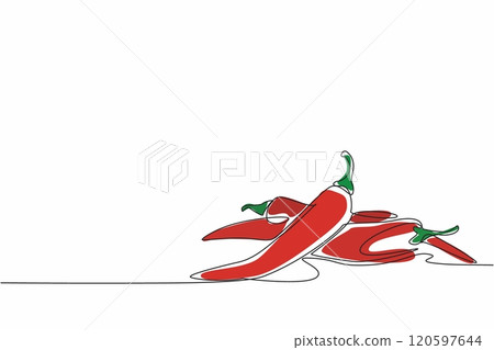 Single one line drawing some chilies stacked. Spiciness ready to add treat and flavor to any dish. Interesting composition. Spicy lover. National Chili Day. Continuous line design graphic illustration 120597644