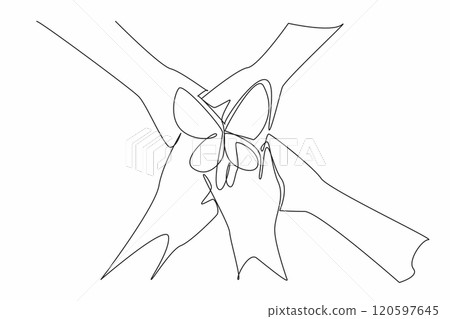 Single continuous line drawing five hands with different skin colors stacked on top of each other. Metaphor interconnectedness of humanity. Zero Discrimination Day. One line design vector illustration Single continuous line drawing five hands with different skin colors stacked on top of each other. Metaphor interconnectedness of humanity. Zero Discrimination Day. One line design vector illustration 120597645