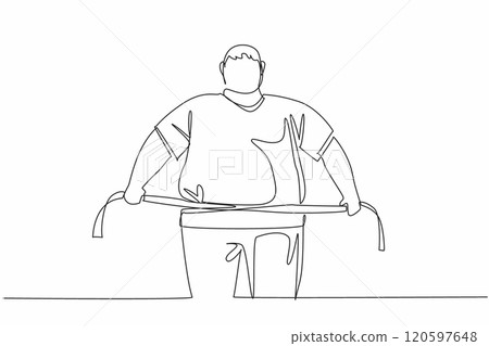 Single one line drawing obese man wrapped in measuring tape. The stomach is swollen and sagging. Maintain a diet. Increase exercise. World Obesity Day. Continuous line design graphic illustration 120597648