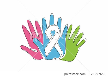 Continuous one line drawing three overlapping palms in campaign colors. Collective strength. Resilience. Hope. Support. Empathy. Unity. Rare Disease Day. Single line draw design vector illustration 120597659