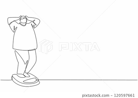 Single continuous line drawing obese man weighing himself on a scale. Shocked. Feeling insecure. Thinking about losing weight. Extra exercise. World Obesity Day. One line design vector illustration 120597661