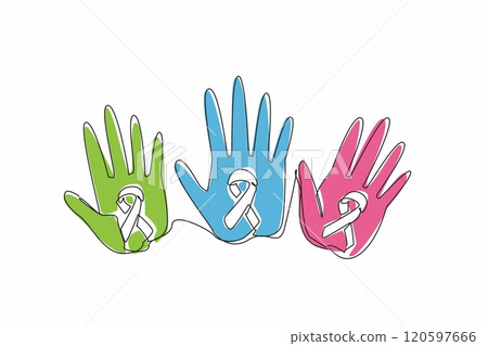 Single continuous line drawing three palms with campaign colors. The diverse perspectives. Experiences. Survivorship. Awareness. Support. Life. Rare Disease Day. One line design vector illustration Single continuous line drawing three palms with campaign colors. The diverse perspectives. Experiences. Survivorship. Awareness. Support. Life. Rare Disease Day. One line design vector illustration 120597666