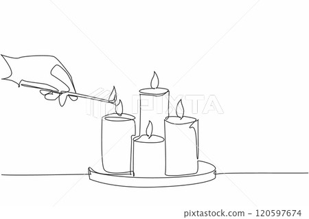 Single continuous line drawing hand hold a match, lighting a group of candles arranged on a tray. Bringing light into the world. Soothing light. World Candle Day. One line design vector illustration 120597674