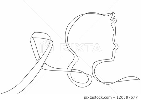 Continuous one line drawing the silhouette of a face formed by ribbon. Idea of unity and collective strength. Campaign. International Childhood Cancer Day. Single line draw design vector illustration Continuous one line drawing the silhouette of a face formed by ribbon. Idea of unity and collective strength. Campaign. International Childhood Cancer Day. Single line draw design vector illustration 120597677