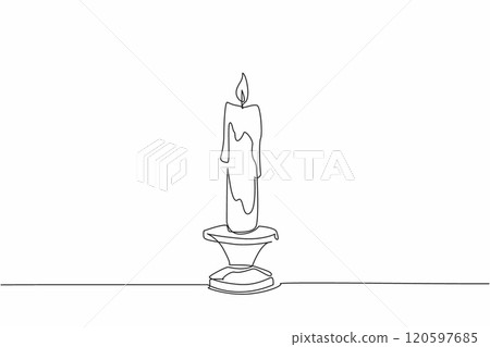 Single continuous line drawing a lit candle in a candlestick. The melting wax. Tradition and stability. Illuminating the darkness. Guidance. World Candle Day. One line design vector illustration 120597685