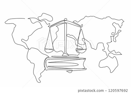 Continuous one line drawing scales under thick books on the world map background. Importance of legal knowledge. Global law. World Day of Social Justice. Single line draw design vector illustration 120597692
