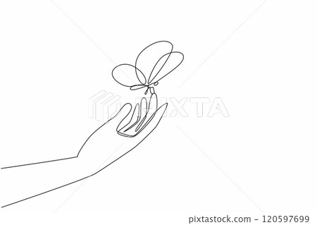 Single continuous line drawing a hand perched butterflies. The balance of human nature with animals. Balanced sustainability. Mutualism. Zero Discrimination Day. One line design vector illustration Single continuous line drawing a hand perched butterflies. The balance of human nature with animals. Balanced sustainability. Mutualism. Zero Discrimination Day. One line design vector illustration 120597699