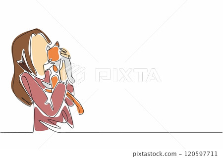 Continuous one line drawing a young woman embracing her feline companion. The simplicity and beauty of their shared moment. National Love Your Pet Day. Single line draw design vector illustration 120597711