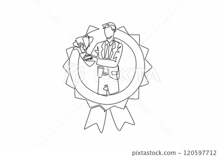 Single one line drawing man in suit and tie raise the trophy. Professional achievement in the corporate world. Smart worker. Employee Appreciation Day. Continuous line design graphic illustration Single one line drawing man in suit and tie raise the trophy. Professional achievement in the corporate world. Smart worker. Employee Appreciation Day. Continuous line design graphic illustration 120597712