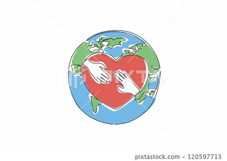 Single one line drawing heart with two palms in middle on a globe background. Global unity. Collaboration. Positive impact. Equitable world. World NGO Day. Continuous line design graphic illustration 120597713