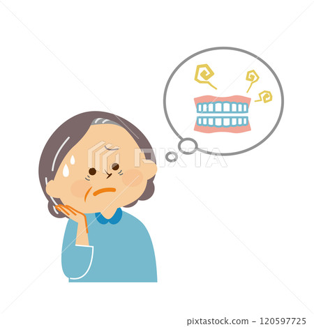 一位擔心假牙的高級女性的可愛插圖 120597725